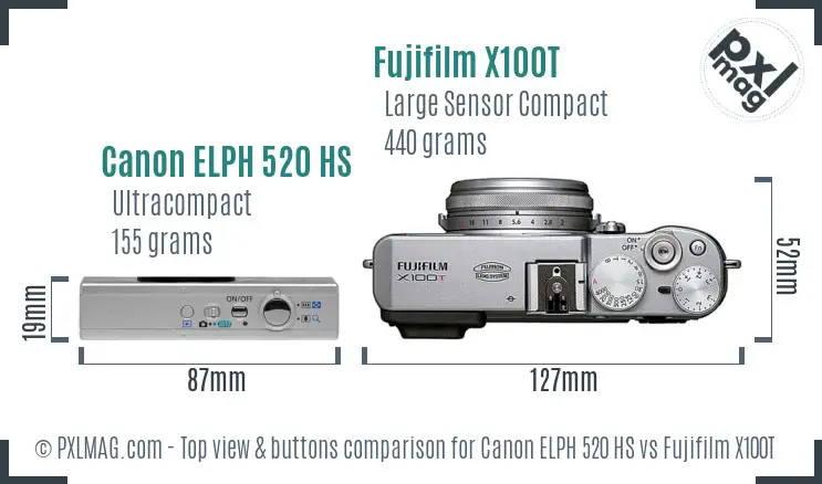 Canon ELPH 520 HS vs Fujifilm X100T top view buttons comparison
