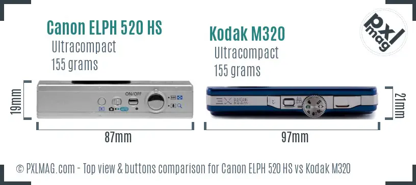 Canon ELPH 520 HS vs Kodak M320 top view buttons comparison