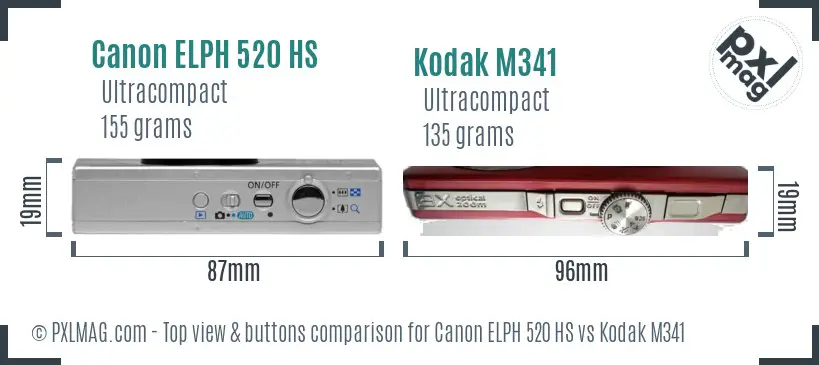 Canon ELPH 520 HS vs Kodak M341 top view buttons comparison Canon ELPH 520 HS vs Kodak M341 top view buttons comparison