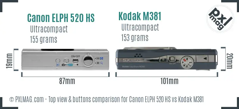 Canon ELPH 520 HS vs Kodak M381 top view buttons comparison