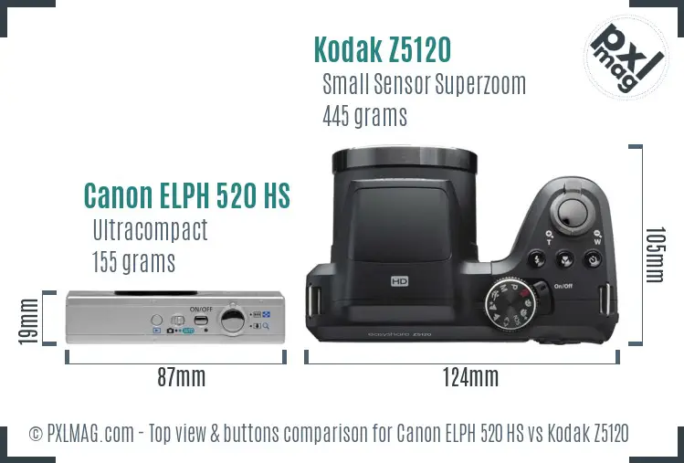 Canon ELPH 520 HS vs Kodak Z5120 top view buttons comparison