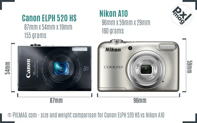 Canon ELPH 520 HS vs Nikon A10 size comparison Canon ELPH 520 HS vs Nikon A10 size comparison