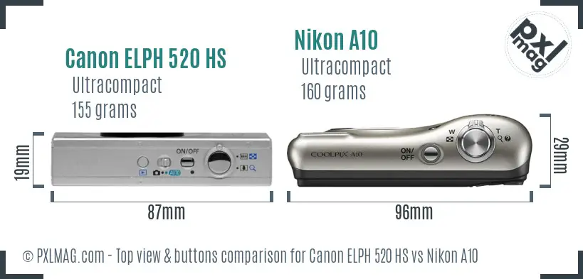 Canon ELPH 520 HS vs Nikon A10 top view buttons comparison Canon ELPH 520 HS vs Nikon A10 top view buttons comparison