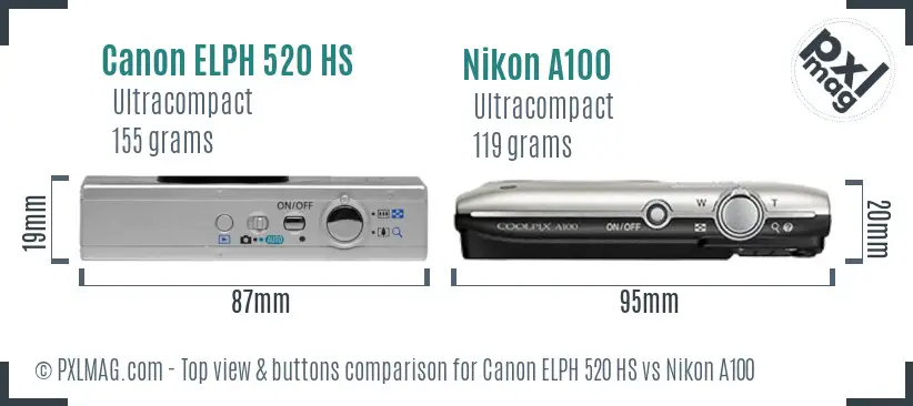 Canon ELPH 520 HS vs Nikon A100 top view buttons comparison