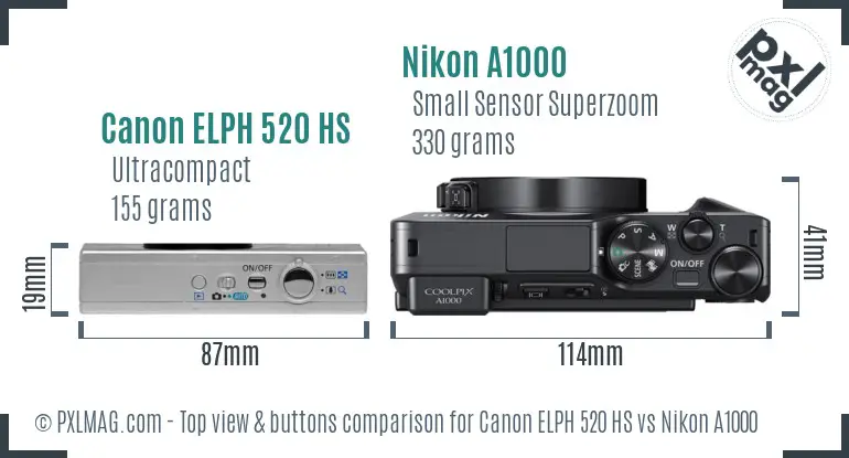 Canon ELPH 520 HS vs Nikon A1000 top view buttons comparison