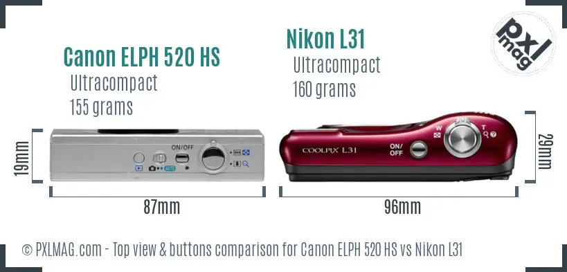 Canon ELPH 520 HS vs Nikon L31 top view buttons comparison