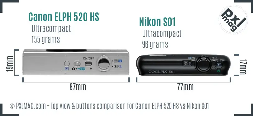 Canon ELPH 520 HS vs Nikon S01 top view buttons comparison