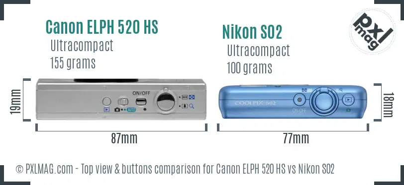 Canon ELPH 520 HS vs Nikon S02 top view buttons comparison