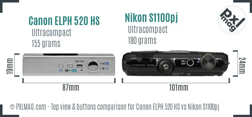 Canon ELPH 520 HS vs Nikon S1100pj top view buttons comparison