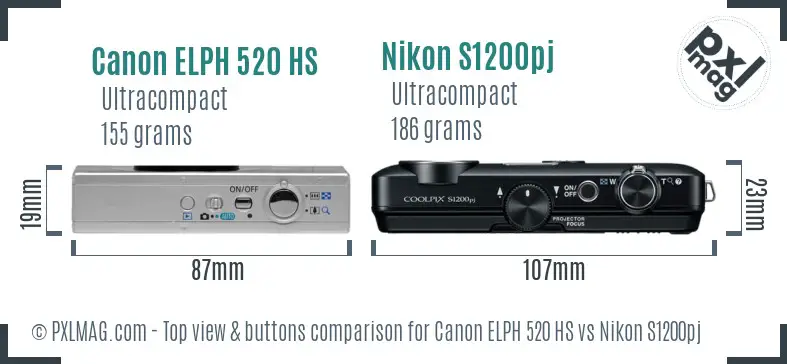 Canon ELPH 520 HS vs Nikon S1200pj top view buttons comparison