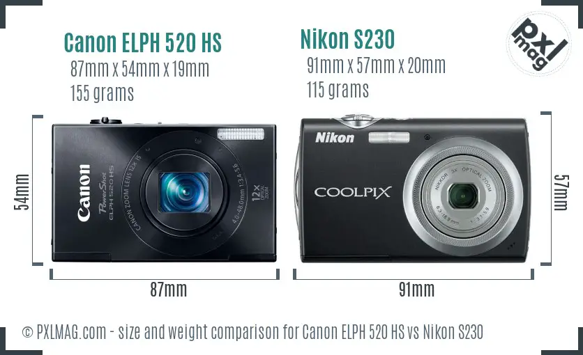 Canon ELPH 520 HS vs Nikon S230 size comparison