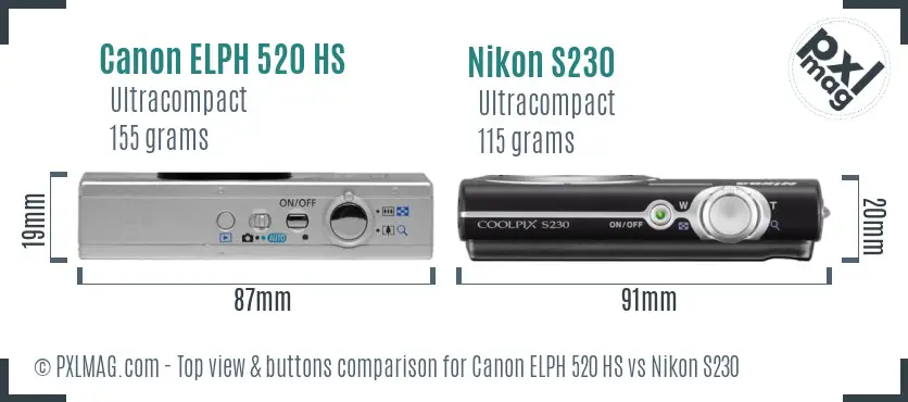 Canon ELPH 520 HS vs Nikon S230 top view buttons comparison