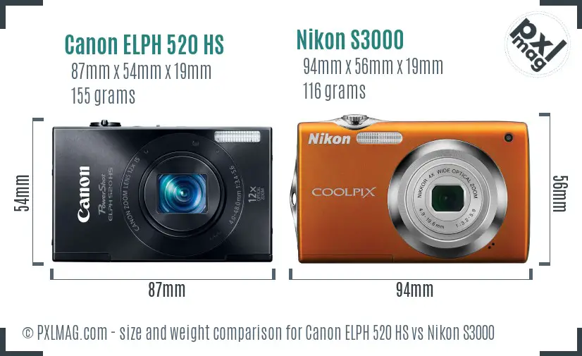 Canon ELPH 520 HS vs Nikon S3000 size comparison