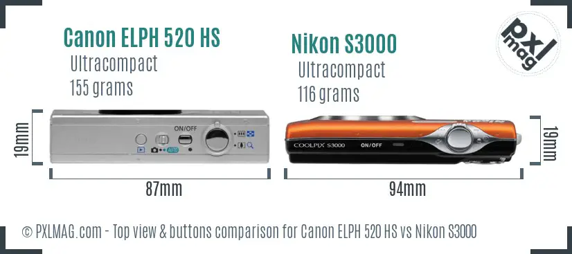 Canon ELPH 520 HS vs Nikon S3000 top view buttons comparison