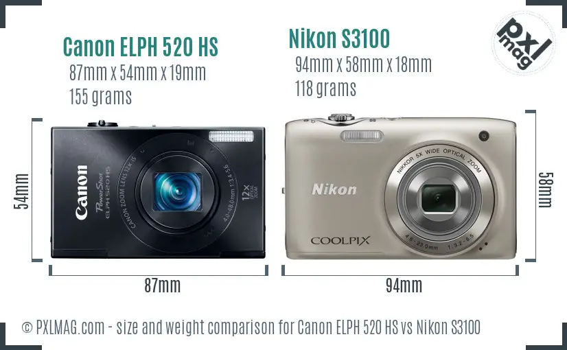 Canon ELPH 520 HS vs Nikon S3100 size comparison