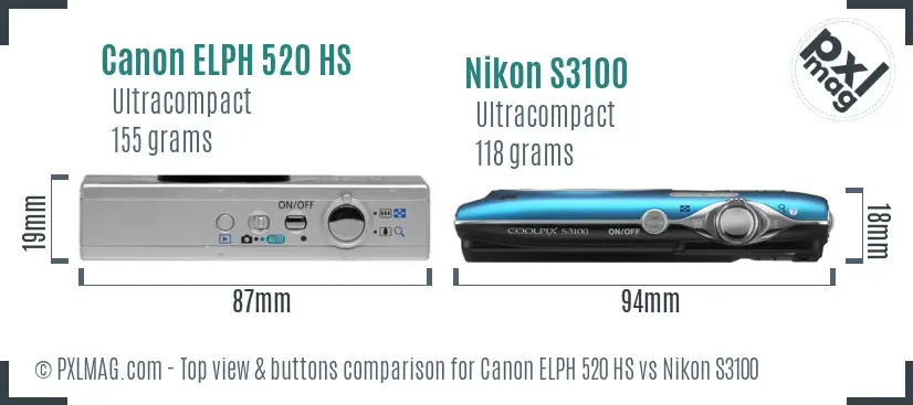 Canon ELPH 520 HS vs Nikon S3100 top view buttons comparison