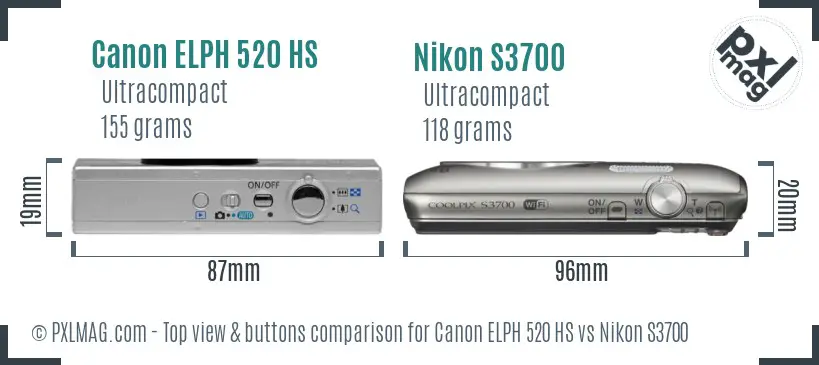 Canon ELPH 520 HS vs Nikon S3700 top view buttons comparison Canon ELPH 520 HS vs Nikon S3700 top view buttons comparison
