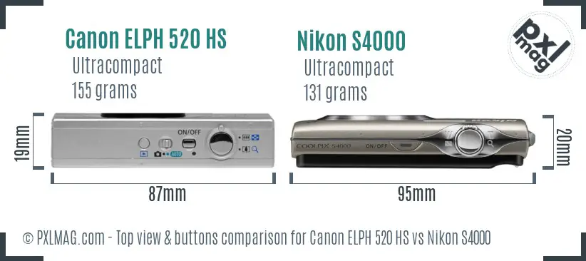 Canon ELPH 520 HS vs Nikon S4000 top view buttons comparison