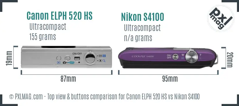 Canon ELPH 520 HS vs Nikon S4100 top view buttons comparison