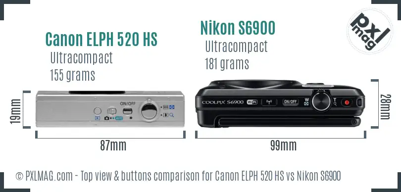 Canon ELPH 520 HS vs Nikon S6900 top view buttons comparison