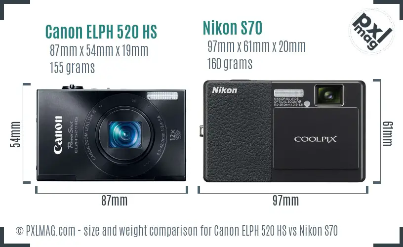 Canon ELPH 520 HS vs Nikon S70 size comparison