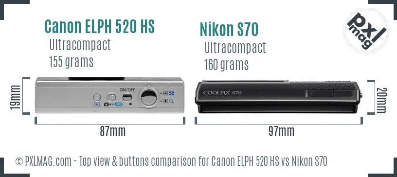 Canon ELPH 520 HS vs Nikon S70 top view buttons comparison