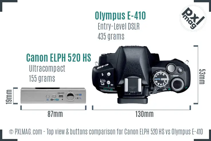 Canon ELPH 520 HS vs Olympus E-410 top view buttons comparison