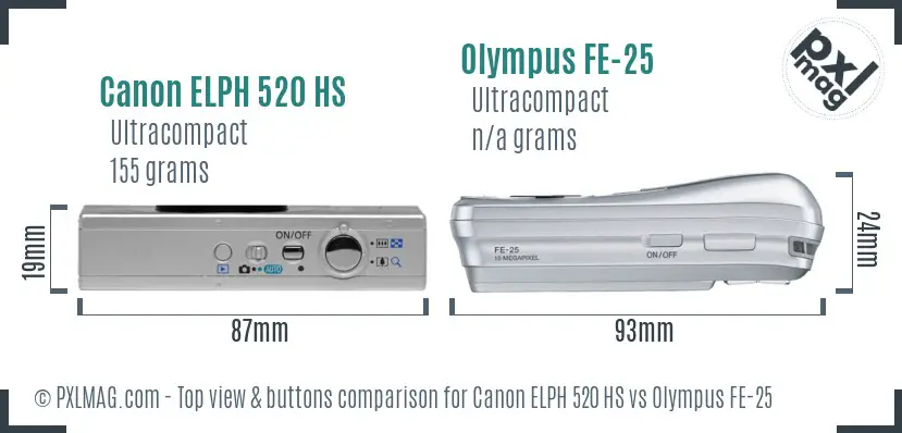 Canon ELPH 520 HS vs Olympus FE-25 top view buttons comparison