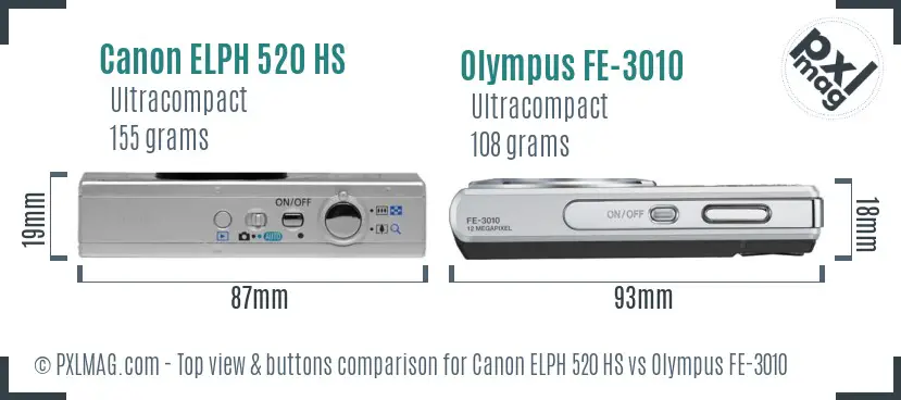 Canon ELPH 520 HS vs Olympus FE-3010 top view buttons comparison