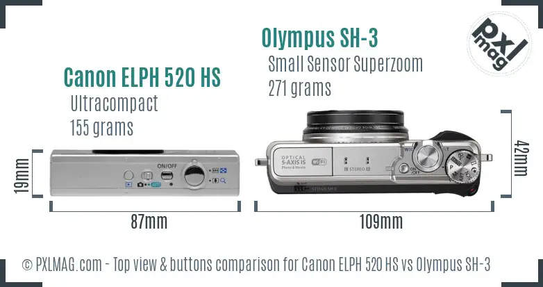 Canon ELPH 520 HS vs Olympus SH-3 top view buttons comparison