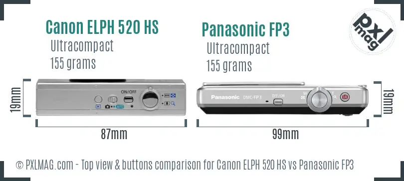 Canon ELPH 520 HS vs Panasonic FP3 top view buttons comparison