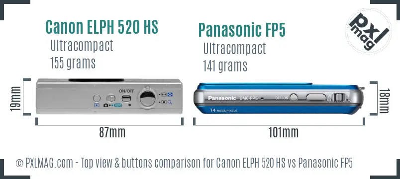 Canon ELPH 520 HS vs Panasonic FP5 top view buttons comparison