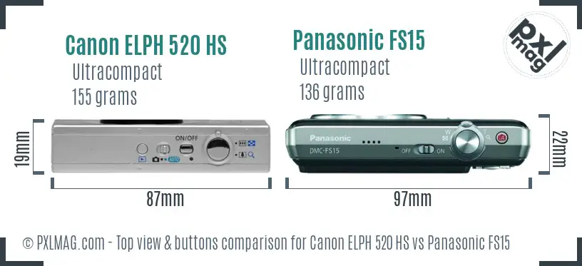 Canon ELPH 520 HS vs Panasonic FS15 top view buttons comparison