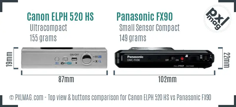 Canon ELPH 520 HS vs Panasonic FX90 top view buttons comparison