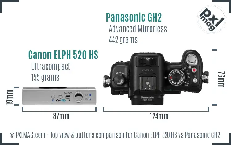 Canon ELPH 520 HS vs Panasonic GH2 top view buttons comparison