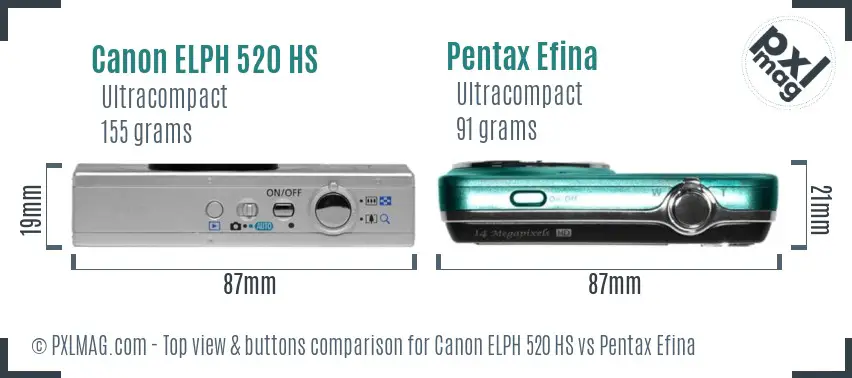 Canon ELPH 520 HS vs Pentax Efina top view buttons comparison