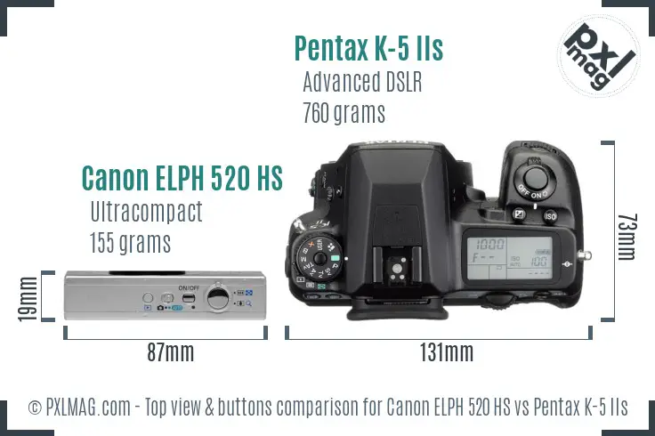 Canon ELPH 520 HS vs Pentax K-5 IIs top view buttons comparison