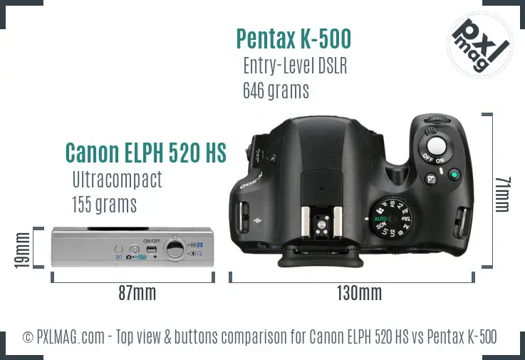 Canon ELPH 520 HS vs Pentax K-500 top view buttons comparison