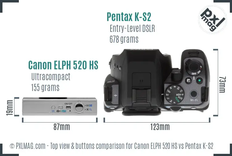 Canon ELPH 520 HS vs Pentax K-S2 top view buttons comparison