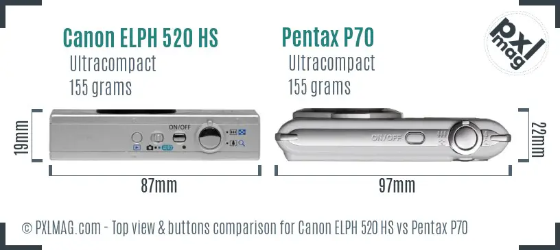 Canon ELPH 520 HS vs Pentax P70 top view buttons comparison