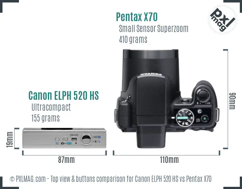 Canon ELPH 520 HS vs Pentax X70 top view buttons comparison