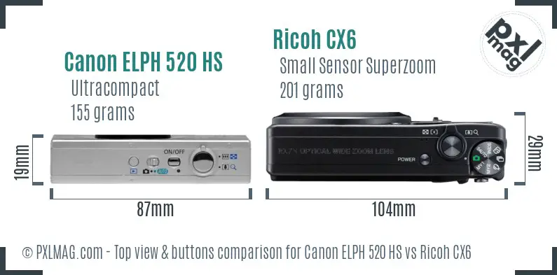 Canon ELPH 520 HS vs Ricoh CX6 top view buttons comparison