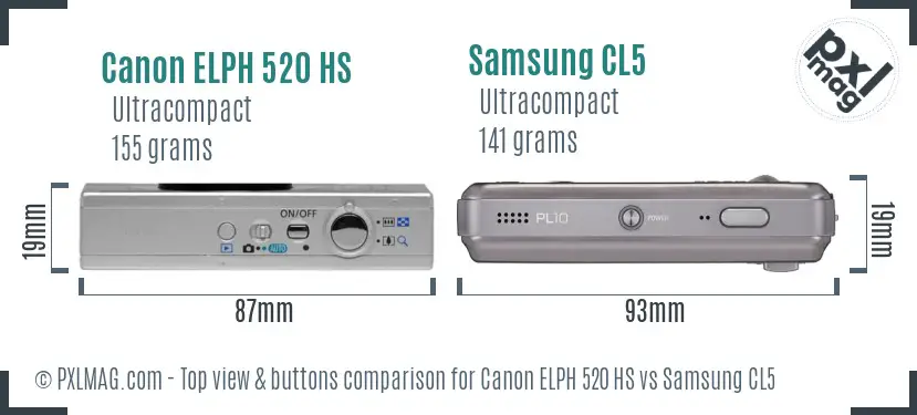 Canon ELPH 520 HS vs Samsung CL5 top view buttons comparison