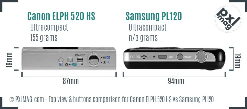 Canon ELPH 520 HS vs Samsung PL120 top view buttons comparison Canon ELPH 520 HS vs Samsung PL120 top view buttons comparison