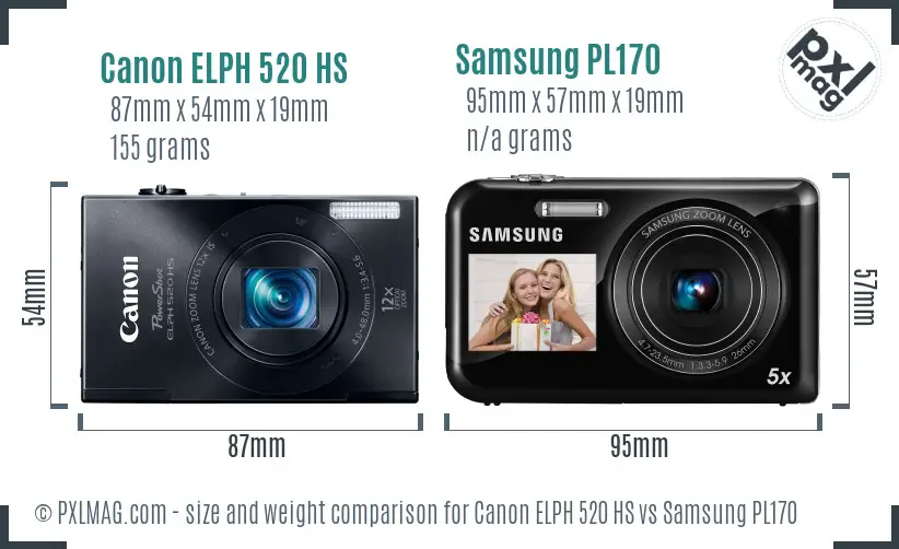 Canon ELPH 520 HS vs Samsung PL170 size comparison