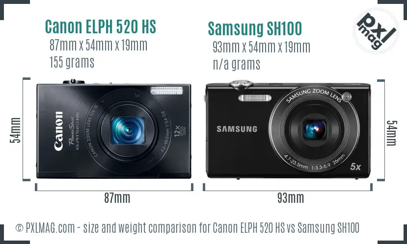 Canon ELPH 520 HS vs Samsung SH100 size comparison