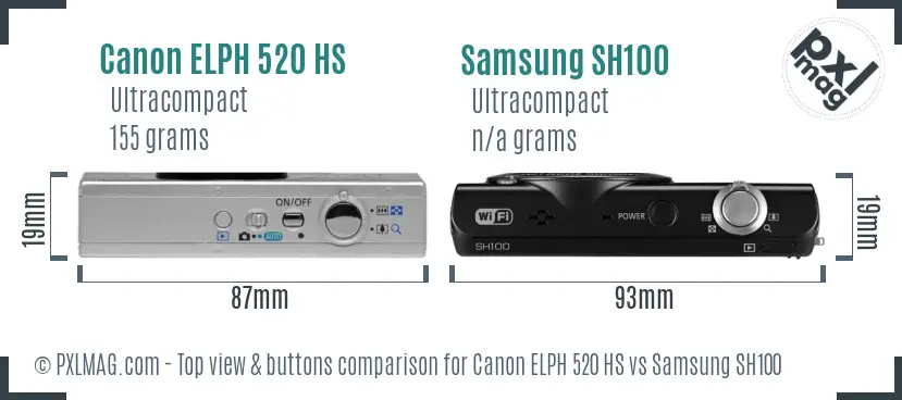 Canon ELPH 520 HS vs Samsung SH100 top view buttons comparison