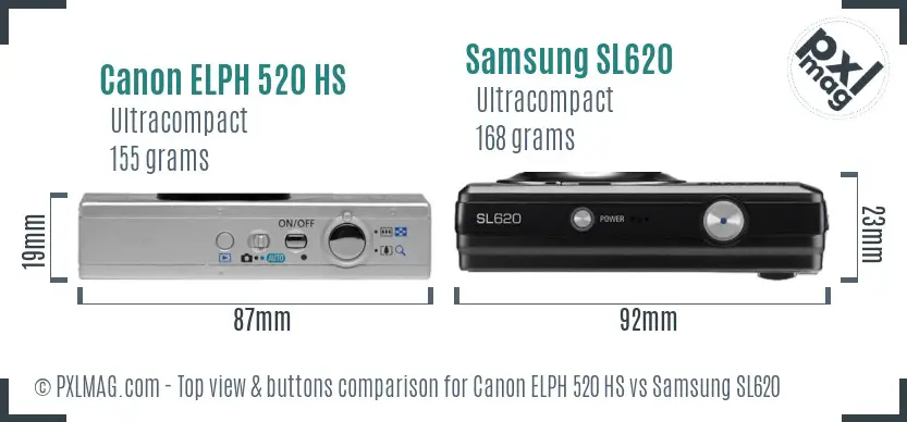 Canon ELPH 520 HS vs Samsung SL620 top view buttons comparison