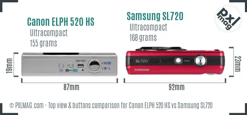 Canon ELPH 520 HS vs Samsung SL720 top view buttons comparison Canon ELPH 520 HS vs Samsung SL720 top view buttons comparison