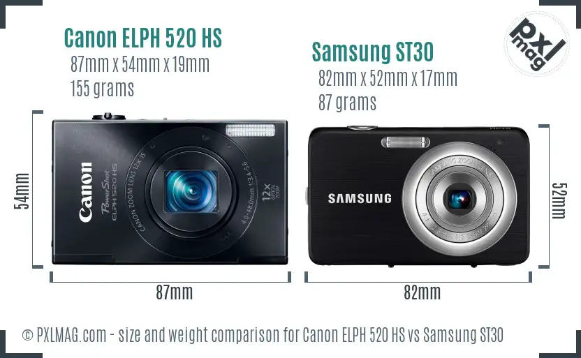 Canon ELPH 520 HS vs Samsung ST30 size comparison